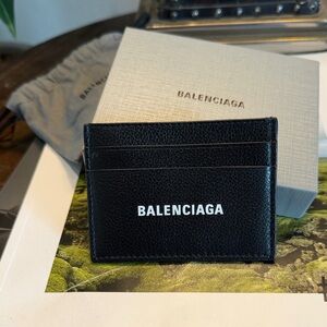 Balenciaga Black Textured Leather Card Holder with White Logo